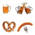 Oktoberfest, glasses with beer, sausages, pretzels, set. Design for decor, pubs, beer ads, websites, cafes, eateries, icons, print