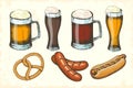 Oktoberfest hand drawn colored objects set. Sausage, pretzel, hot dog, different kind of beer. Oktoberfest sketch. Illustration Royalty Free Stock Photo