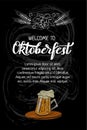 Oktoberfest hand drawn lettering and outline mug of beer and bottle poster, banner, invitation, promo. Chalk art on blackboard bac Royalty Free Stock Photo