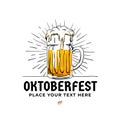 Oktoberfest hand drawn logo badge. Old style full glass of beer with sun rays background illustration for Munich beer festival