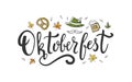 Oktoberfest handwritten beautiful calligraphic word. Hand drawn lettering with different objects and leaves. - Vector