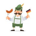 Oktoberfest. Happy bavarian smiling man in folk costume with sausage and german flag.