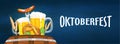 Oktoberfest header or banner design, illustration of beer mugs,