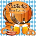 Oktoberfest holiday poster illustration barrel and mugs of beer, pretzels and sausages