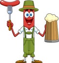 Oktoberfest Sausage Cartoon Character In Traditional Bavarian Clothes Holding A Beer And Weenie On A Fork