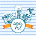 Oktoberfest icon. Drink menu. Vector illustration with beer mug, glass oktoberfest logo stamp in sketch style for pub