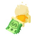 Oktoberfest icon isometric vector. Big glass foamy beer mug and dollar bill icon