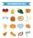 Oktoberfest icon set, flat or cartoon style. October fest in germany collection of traditional symbols, design elements