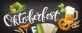 Oktoberfest icon set with hat, accordion, sausage, pretzel, hops, flag and mug of beer. Royalty Free Stock Photo