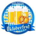 Oktoberfest badge illustration - beers, pretzel, white background