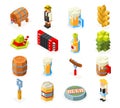 Oktoberfest isometric 3d polygon lowpoly icons set beer keg man woman accordion cap foam sausage fork glass flat design