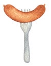 Oktoberfest juicy grilled sausage on a fork for a beer snack. Hand drawn watercolor painting on white background clip