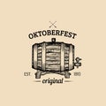 Oktoberfest label. Beer festival sign with hand sketched wooden barrel. Vector vintage brewery badge. Wiesn symbol Royalty Free Stock Photo