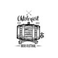 Oktoberfest label. Beer festival sign with hand sketched wooden barrel. Vector vintage brewery badge. Wiesn symbol