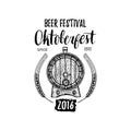 Oktoberfest label. Beer festival sign with hand sketched wooden barrel. Vector vintage brewery badge. Wiesn symbol