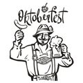 Oktoberfest lettering above heerful Bavarian man with beer mug and sausage. October fest beer emblem. Hand drawn vintage