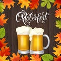 Oktoberfest lettering, a glass of beer. Autumn holidays