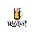 Oktoberfest,lettering on on rombic pattern background.Vector beer festival poster with vintage hand sketched glass mugs. Royalty Free Stock Photo