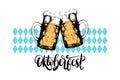 Oktoberfest,lettering on on rombic pattern background.Vector beer festival poster with vintage hand sketched glass mugs. Royalty Free Stock Photo