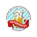 Oktoberfest logo badge. Munich beer festival concept, hand drawn glass beer mug illustration with bavarian flag background.