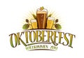 Oktoberfest logo sign isolated on white, glasses of beer and hop