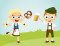 Oktoberfest man and woman with beer and pretzel Royalty Free Stock Photo