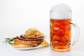 Oktoberfest menu, beer mug, a plate of sausages and sauerkraut