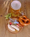 Oktoberfest menu - beer, white sausage, pretzel, radish, HDR