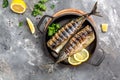 Oktoberfest menu. Grilled mackerel fish with lemon herbs and spices, Restaurant menu, dieting, cookbook recipe