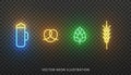 Oktoberfest neon icons. Bright sign of beer glass, pretzel, hop and wheat ear for Oktoberfest