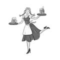 Oktoberfest outline illustration of smiling girl in traditional german costume with beer on tray. Dancing bavarian waitress for ho Royalty Free Stock Photo