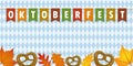 Oktoberfest party flags on bavaria flag texture background with autumn leaves and pretzel Royalty Free Stock Photo