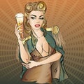 Oktoberfest pin-up woman with beer. Oktoberfest logo, banner, hand drawn illustration background