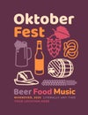 Oktoberfest poster. Linear symbols of the traditional holiday: beer, barrel, cone of hops, ears of corn, pretzel, traditional
