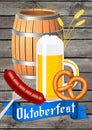 Oktoberfest - poster with beer, sausage, pretzel and barrel