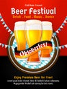 Oktoberfest poster vector. Munich beer festival flyer design. Group of full glass beer illustration with barrel background