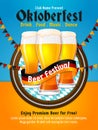 Oktoberfest poster vector. Munich beer festival flyer design. Group of full glass beer illustration with germany flag ribbon