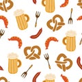 Oktoberfest pretzels beer sausage fork seamless vector illustration pattern. Blue and white checkered background. Perfect for
