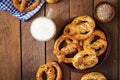 Oktoberfest salted soft pretzels in a bowl and beer