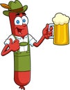 Oktoberfest Sausage Cartoon Character In Traditional Bavarian Clothes Holding A Beer Glass