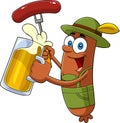 Oktoberfest Sausage Cartoon Character In Traditional Bavarian Clothes Holding A Beer And Weenie On A Fork