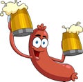 Happy Sausage Cartoon Character Holding Two Mugs Of Beer