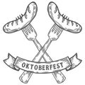 Oktoberfest sausage on fork. Happy oktoberfest. Black meat food vintage engraved