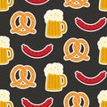 Oktoberfest seamless pattern with beer mug, pretzel and sausage on black background Royalty Free Stock Photo