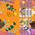 Oktoberfest seamless pattern with beer people girl men musicians home accordion trumpet pretzel fork sausage leaves flag dog pug Royalty Free Stock Photo