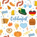 Oktoberfest seamless pattern. October fest in germany endless background. Repeating texture with beer, sausages and Royalty Free Stock Photo