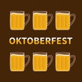 Oktoberfest Six beer glass mug with foam cap froth bubble. Flat design