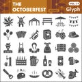 Oktoberfest solid icon set, beer and food symbols collection or sketches. Beer festival glyph style signs for web and