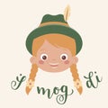 German hand lettering with happy Bavarian girl, perfect for greeting card design.