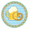 Oktoberfest symbol with beer and pretzel on round bavarian flag background Royalty Free Stock Photo